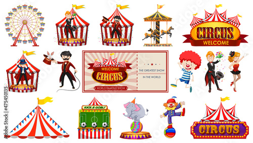 Set of circus characters and amusement park elements