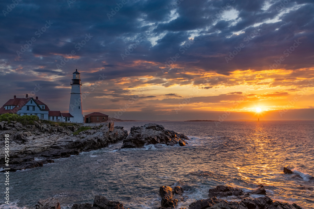 Sunrise at Portland Head Lighthouse in Portland, Maine, USA