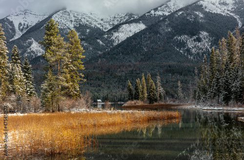 Early winter snow along Holland Lake in the Flathead National Forest, Montana, USA
