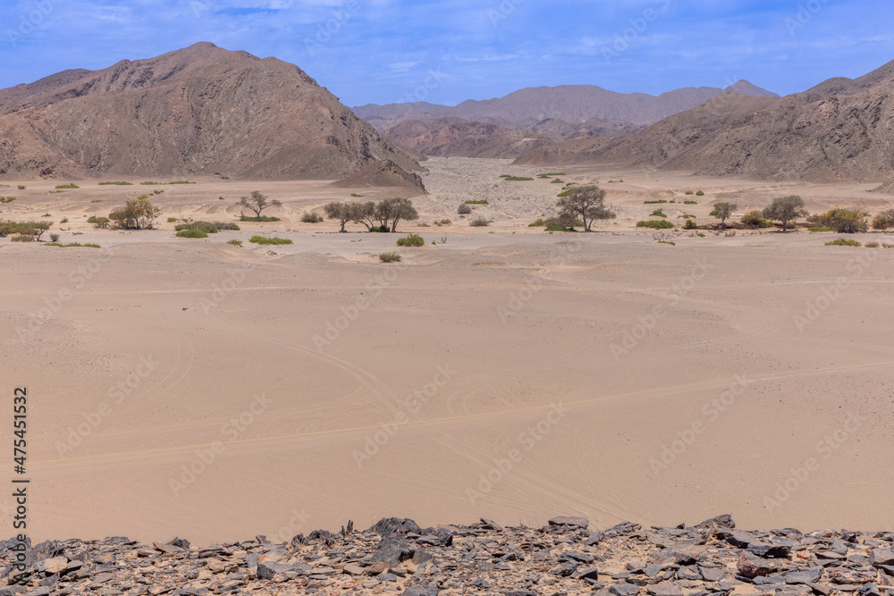 Trockenflusstal des Hoanib mit Bergen im Hintergrund
