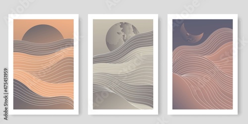 Mid Century Modern Abstract Wall Art Set of 4 Prints with Geometric Shapes, Waves. Abstract Boho Wall Art Print. Vector EPS 10