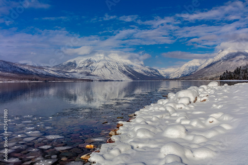 Mountains reflect in wintry Lake McDonald in Glacier National Park, Montana, USA photo