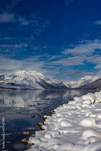 Mountains reflect in wintry Lake McDonald in Glacier National Park, Montana, USA photo