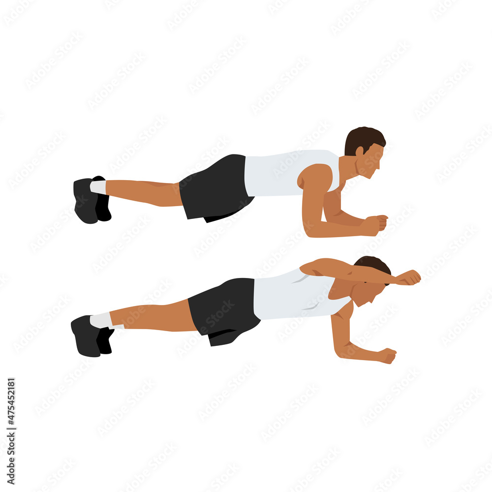 Man doing Elbow plank arm lifts exercise. Flat vector illustration isolated on white background Man doing Elbow plank arm lifts exercise. Flat vector illustration isolated on white background