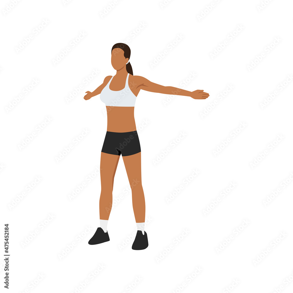 Woman doing Wide arm chest stretch. Reverse butterfly exercise. Flat vector illustration isolated on white background Woman doing Wide arm chest stretch. Reverse butterfly exercise. Flat vector illustration isolated on white background