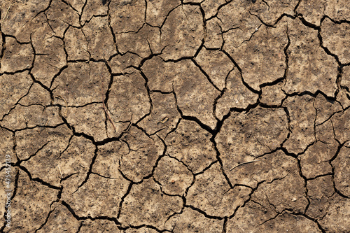 Texture of cracked dried soil. Dry ground with cracks. Brown rough surface of the soil during summer drought. Great for background and design. Ecology, climate change and global warming on Earth.