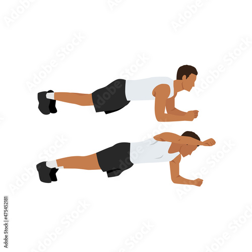 Man doing Elbow plank arm lifts exercise. Flat vector illustration isolated on white background
