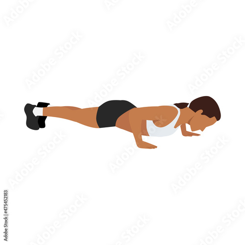 Woman doing Static push ups. pushup hold exercise. Flat vector illustration isolated on white background