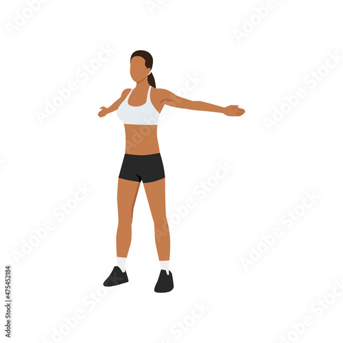 Woman doing Wide arm chest stretch. Reverse butterfly exercise. Flat vector illustration isolated on white background