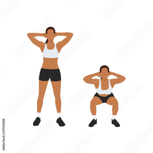 Woman doing Hands at the back of the head Bodyweight squats exercise. Flat vector illustration isolated on white background