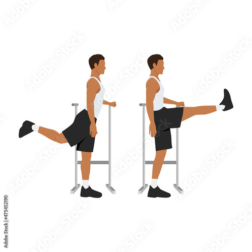Man doing Forward leg hip exercise. Flat vector illustration isolated on white background