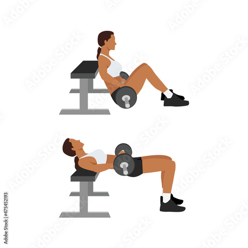 Woman doing Barbell hip thrusts exercise. Flat vector illustration isolated on white background
