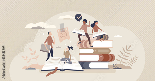 Reading kids with educational books for knowledge growth tiny person concept. Children library for school, expand mind horizons and imagination development vector illustration. Pupil study process.