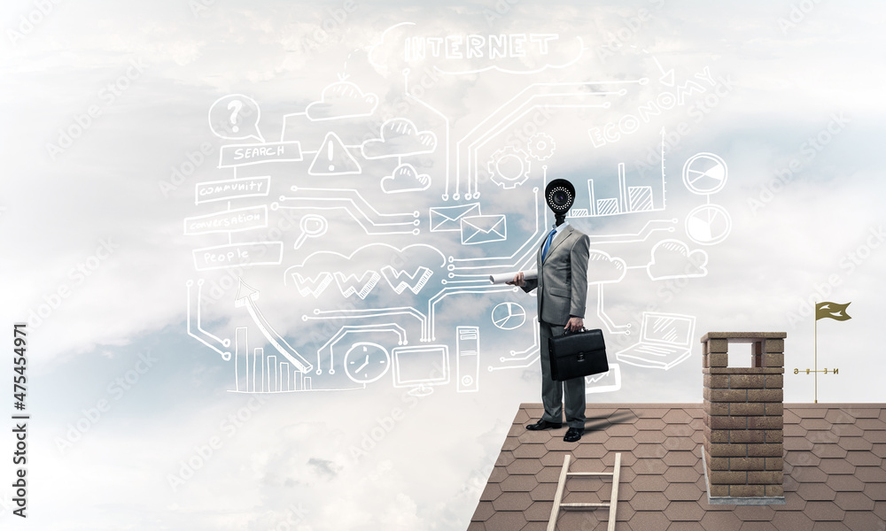 Concept of home security and privacy protection with camera headed man