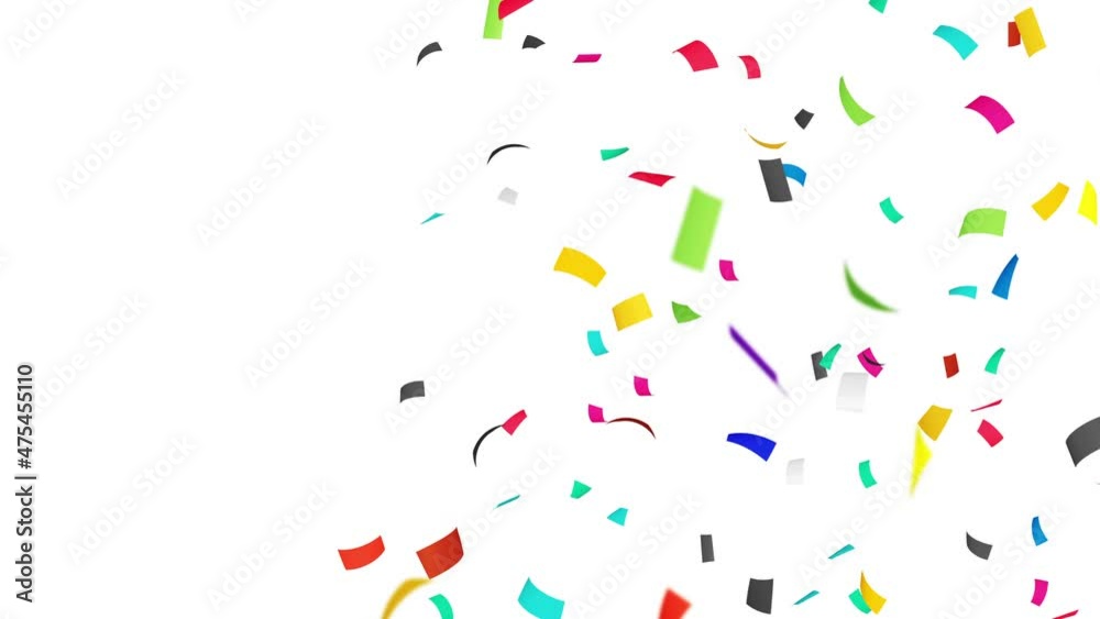 Many colorful confetti floating in air on white background. Party concept. Rectangular paper. 3D loop animation. Many colorful confetti floating in air on white background. Party concept. Rectangular paper. 3D loop animation.