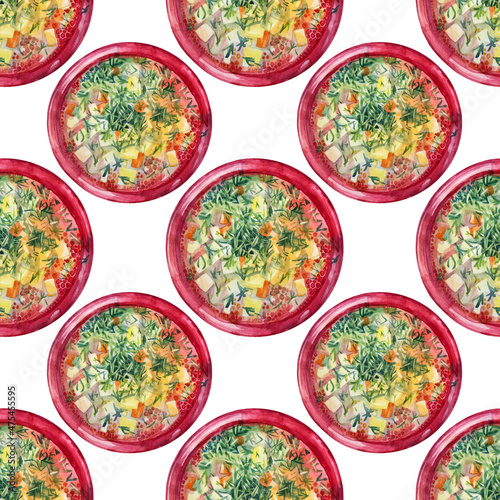 Seamless pattern watercolor soup with vegetable potato pumpkin greenery dill in red plate isolated on white background. Hand-drawn hot food lunch dinner for cafe menu. Creative for wallpaper wrapping