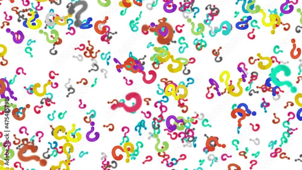 Many colorful question marks floating in air on white background. Thinking icon illustration. Childhood education concept. 3D loop animation. Many colorful question marks floating in air on white background. Thinking icon illustration. Childhood education concept. 3D loop animation.