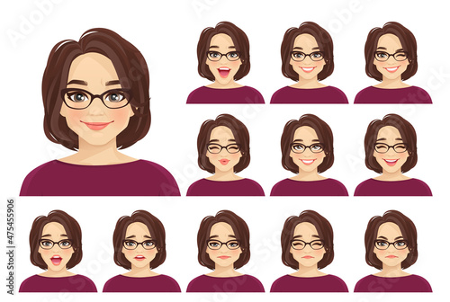 Mature beautiful woman avatar with different facial expressions wearing glasses set isolated vector illustration