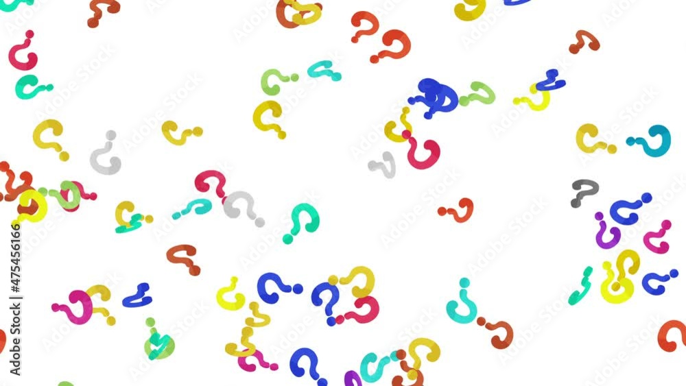 Many colorful question marks floating in air on white background. Thinking icon illustration. Childhood education concept. 3D loop animation. Many colorful question marks floating in air on white background. Thinking icon illustration. Childhood education concept. 3D loop animation.