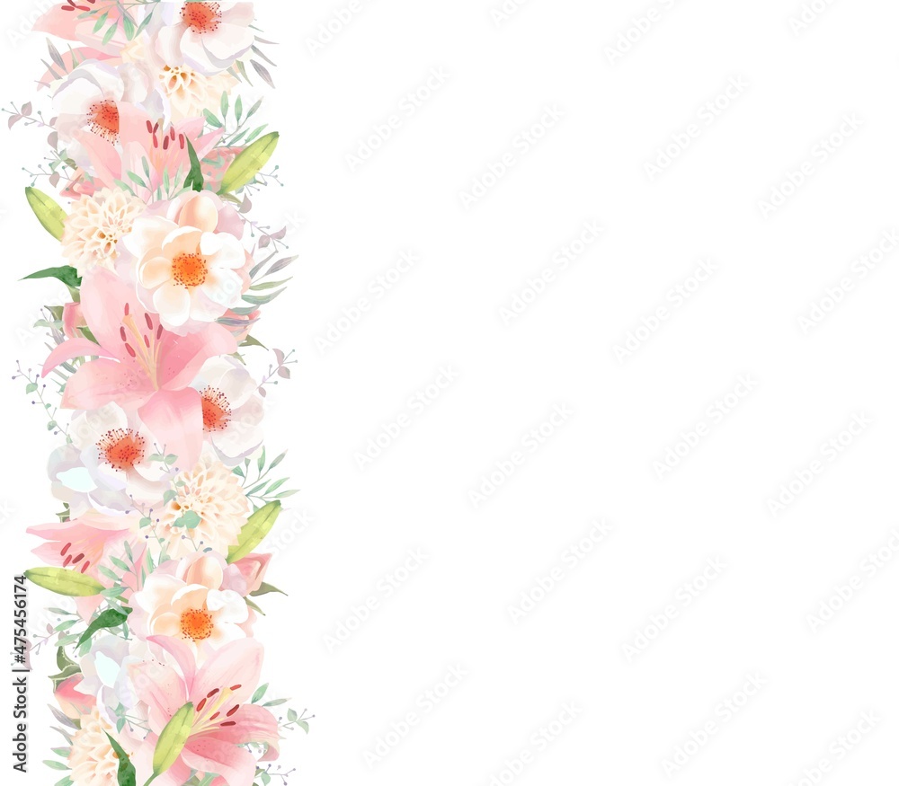 エレガントな色使いのピンク系の百合の花と白いばらとリーフの招待状フレーム素材
