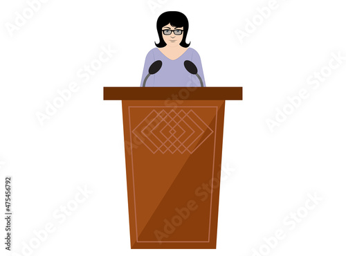 Woman speaker talking from the rostrum tribune, vector illustration