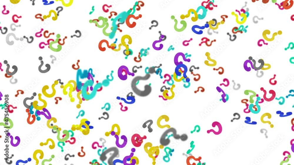 Many colorful question marks floating in air on white background. Thinking icon illustration. Childhood education concept. 3D loop animation. Many colorful question marks floating in air on white background. Thinking icon illustration. Childhood education concept. 3D loop animation.