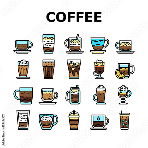 Coffee Types Energy Morning Drink Icons Set Vector. Espresso And Cappuccino, Macchiato And Latte, Americano And Chocolate Coffee Types Line. Caffeine Hot Beverage Color Illustrations
