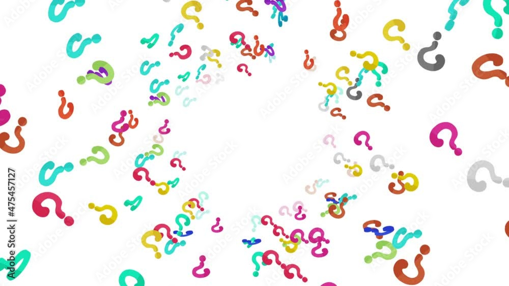 Many colorful question marks floating in air on white background. Thinking icon illustration. Childhood education concept. 3D loop animation. Many colorful question marks floating in air on white background. Thinking icon illustration. Childhood education concept. 3D loop animation.