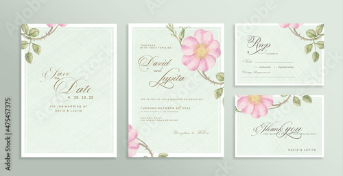 Wedding Invitation Set with Save the Date, RSVP, Thank You Card. Vintage Wedding invitation template with Pink Flower