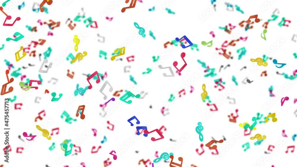Many colorful musical notes floating in air on white background. Music score illustration. Education concept. 3D loop animation. Many colorful musical notes floating in air on white background. Music score illustration. Education concept. 3D loop animation.