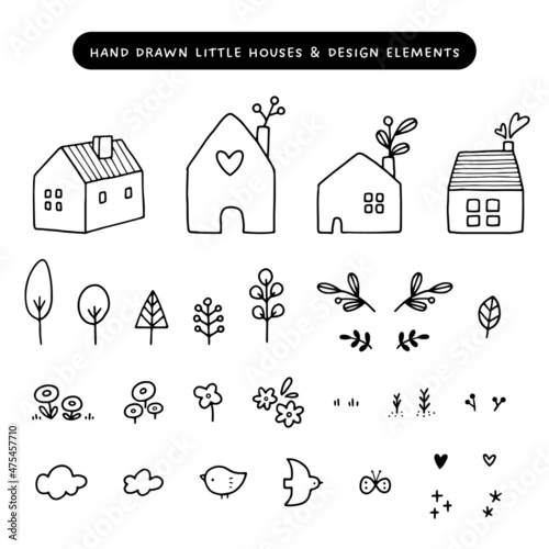 Collection of hand drawn little houses, trees, flowers, birds, and small design elements. Doodle style vector illustrations.
