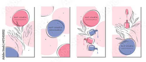Nail studio. Nail polish, nail brush, manicured female hands. Set of design for social media posts and stories, mobile apps. Vector illustrations