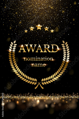 Winner nomination award with gold laurel, luxury reward, certificate poster with glitter