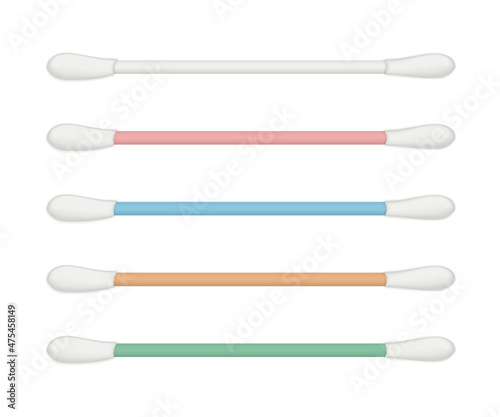 Cotton swabs with absorbent wool buds on differnt color plastic stick, medical, makeup or hygienic tools set