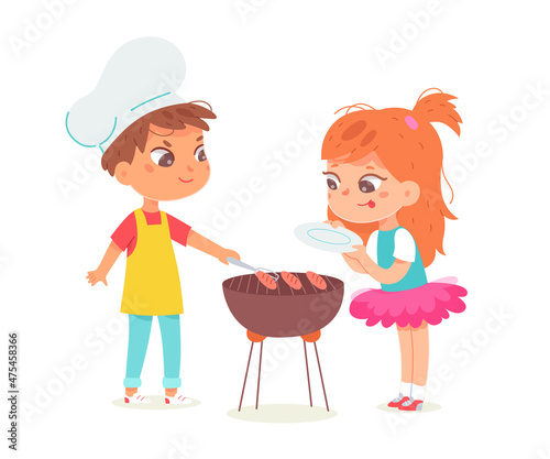 Kid chef in apron and hat cooking food on picnic party, boy grilling sausages for girl