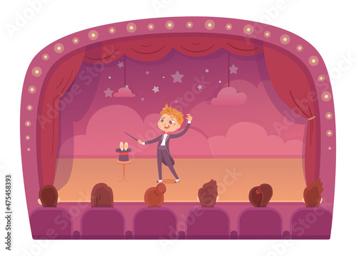 Kid magician and magic circus show, boy illusionist conjuring tricks with rabbit in hat