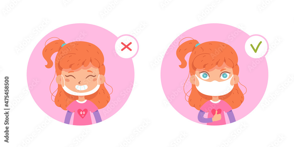Girl wear protective face mask with proper and wrong way set of medical infographics Girl wear protective face mask with proper and wrong way set of medical infographics