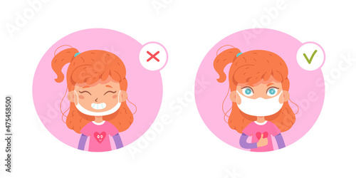 Girl wear protective face mask with proper and wrong way set of medical infographics
