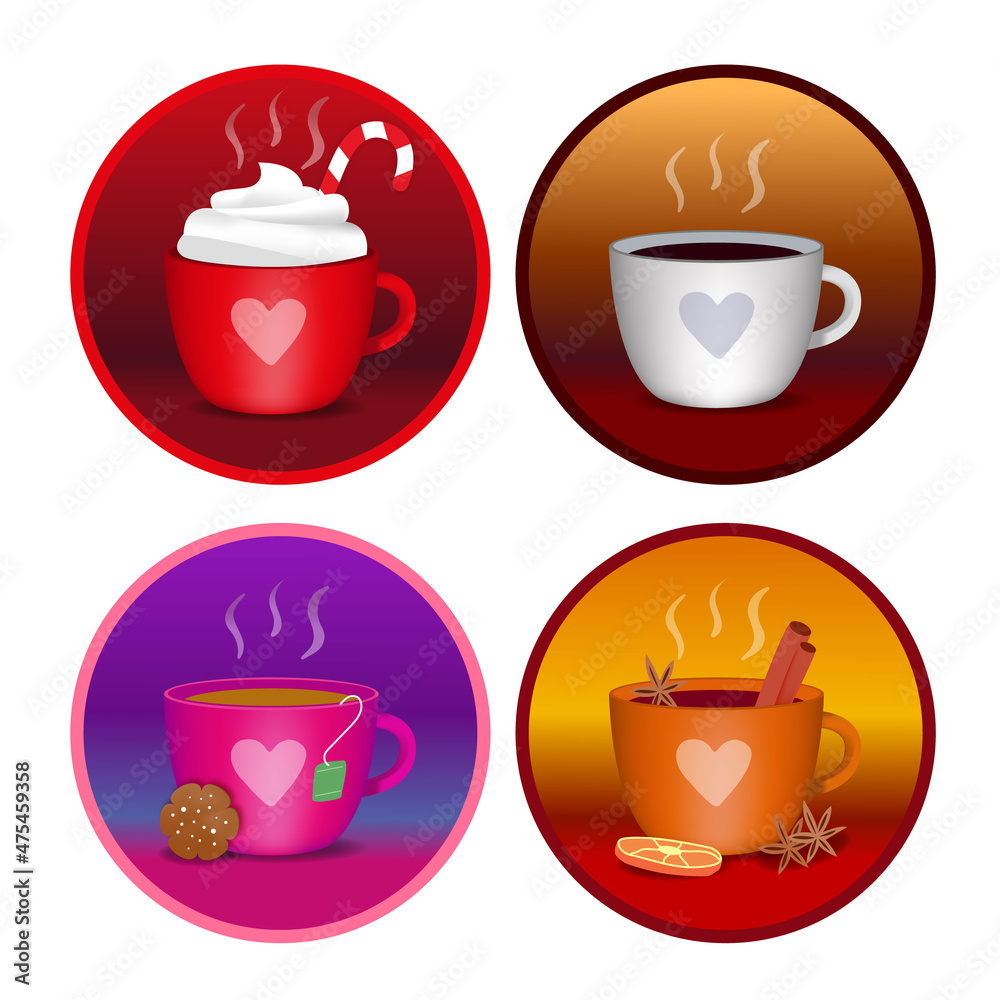 Set of cups with warm chocolate coffee tea and brule