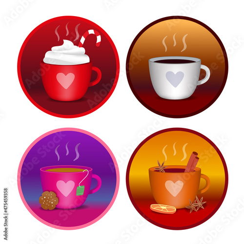 Set of cups with warm chocolate coffee tea and brule