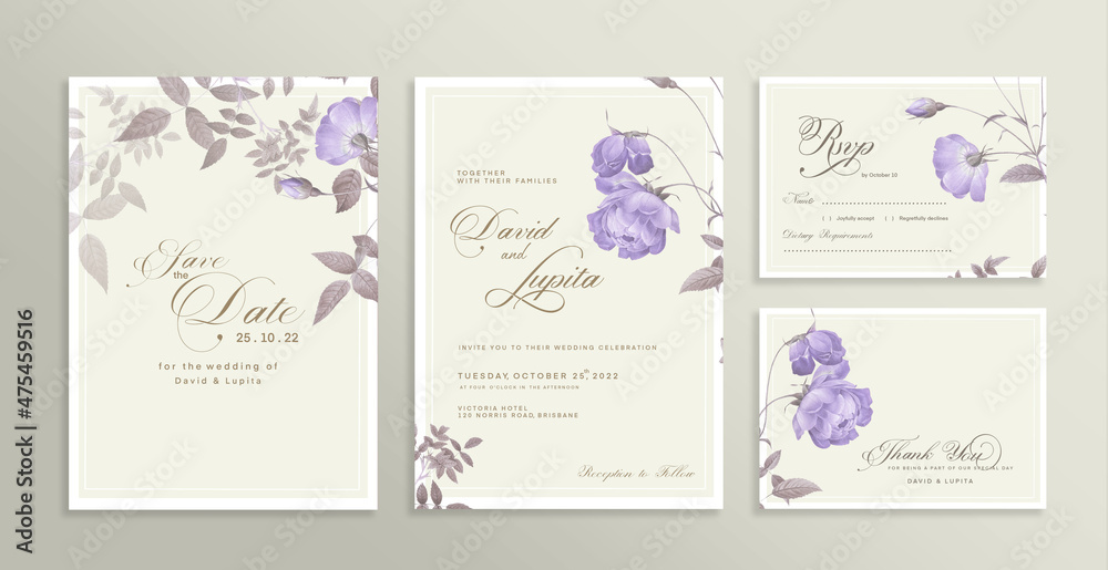 Wedding Invitation Set with Save the Date, RSVP, Thank You Card. Vintage Wedding invitation template with Purple Rose
