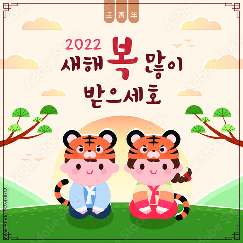 Year of the Tiger Korean traditional banner illustration. Korean Translation  Lunar New Year Sale Event  Chinese translation  Year of the Tiger