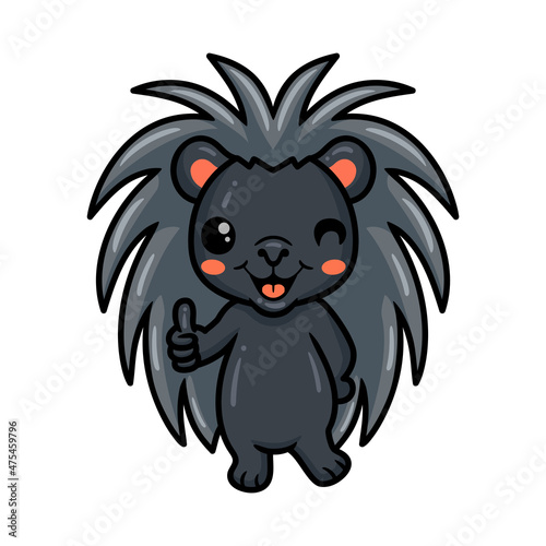 Cute black little hedgehog cartoon giving thumb up