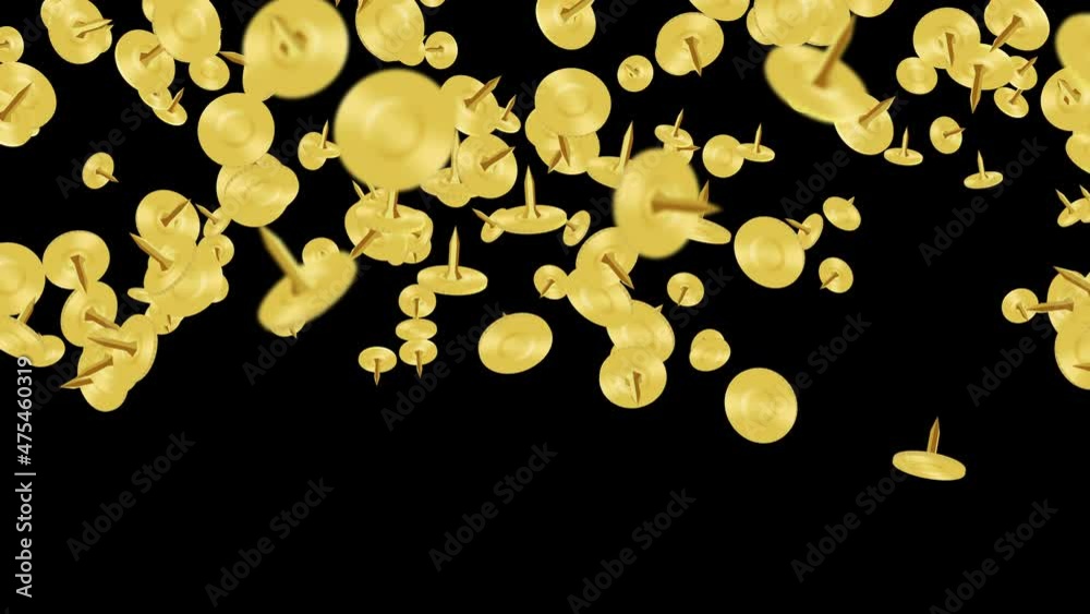Golden pushpin floating in air on black background. Gold thumbtacks. Business equipment. Stationary illustration. Loop animation.
