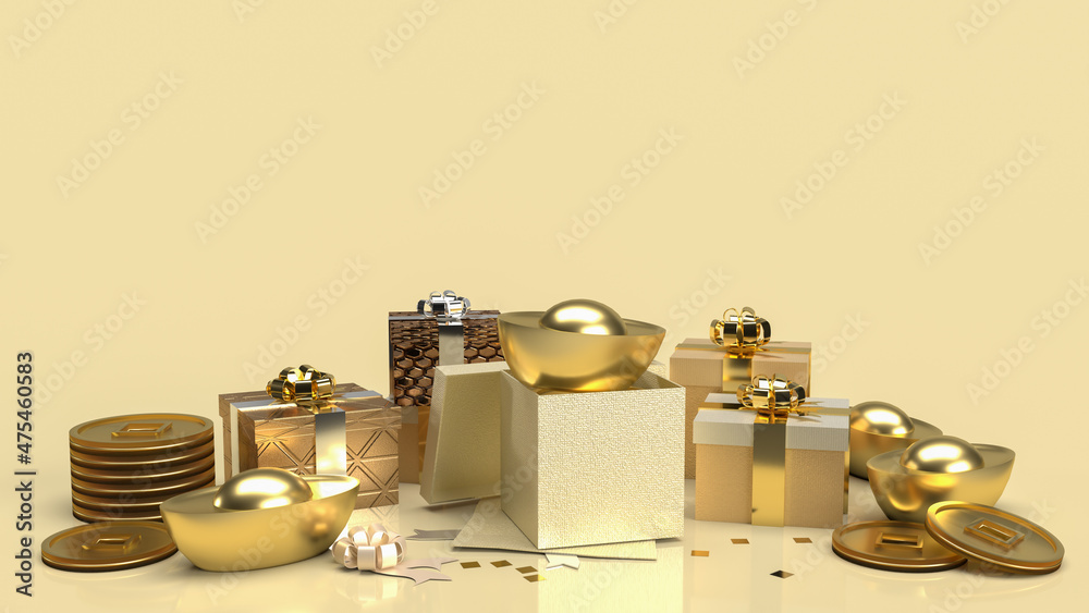 The Chinese gold money and gift box on gold background for business or holiday concept 3d rendering The Chinese gold money and gift box on gold background for business or holiday concept 3d rendering
