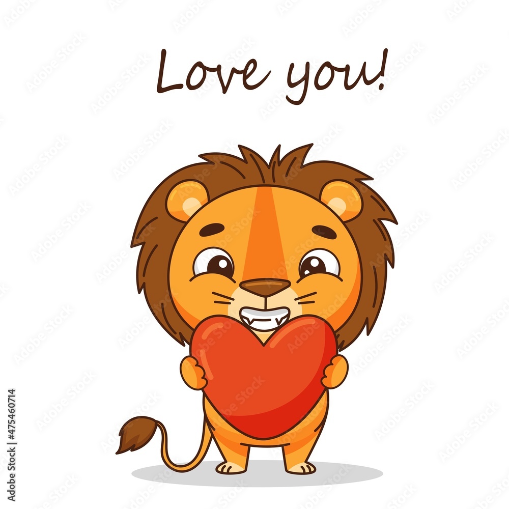 A little lion holds a heart in his hands. Cute greeting card for valentine's day. Vector illustration for designs, prints and patterns. Vector illustration A little lion holds a heart in his hands. Cute greeting card for valentine's day. Vector illustration for designs, prints and patterns. Vector illustration
