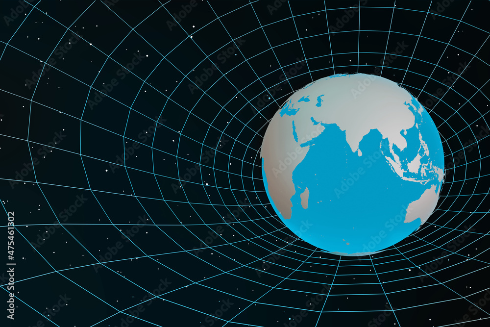 Naklejka premium 3d earth model with wire frame gravitational field design on dark stars background.