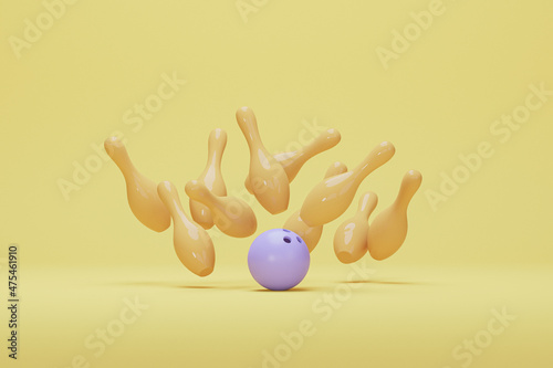 Fotografie, Tablou Purple bowling ball and scattered yellow skittles isolated on pastel background