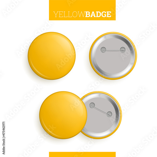 Set of yellow round metal blank pin buttons. Front and back side of glossy web badges with place for your text realistic vector illustration isolated on white background