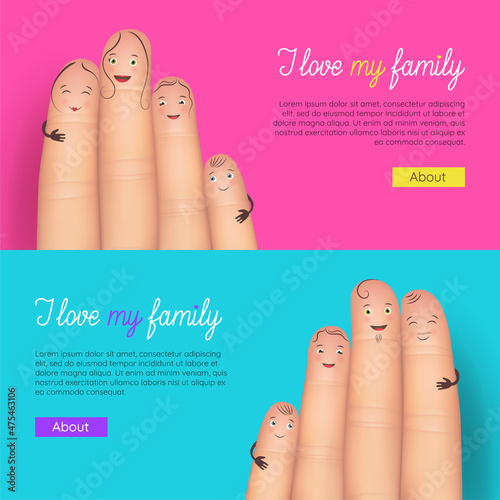 I love my family pink and blue landing pages set. Happy LGBTQ finger families with faces drawn on fingers hugging together. Human rights and tolerance realistic vector illustration.